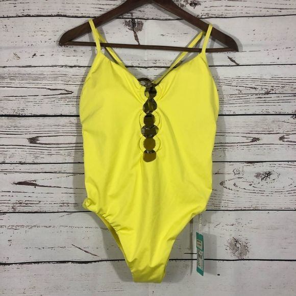Seafolly Ring Front Maillot One Piece Swim Bathing Suit Limelight Yellow 10 - Picture 4 of 10
